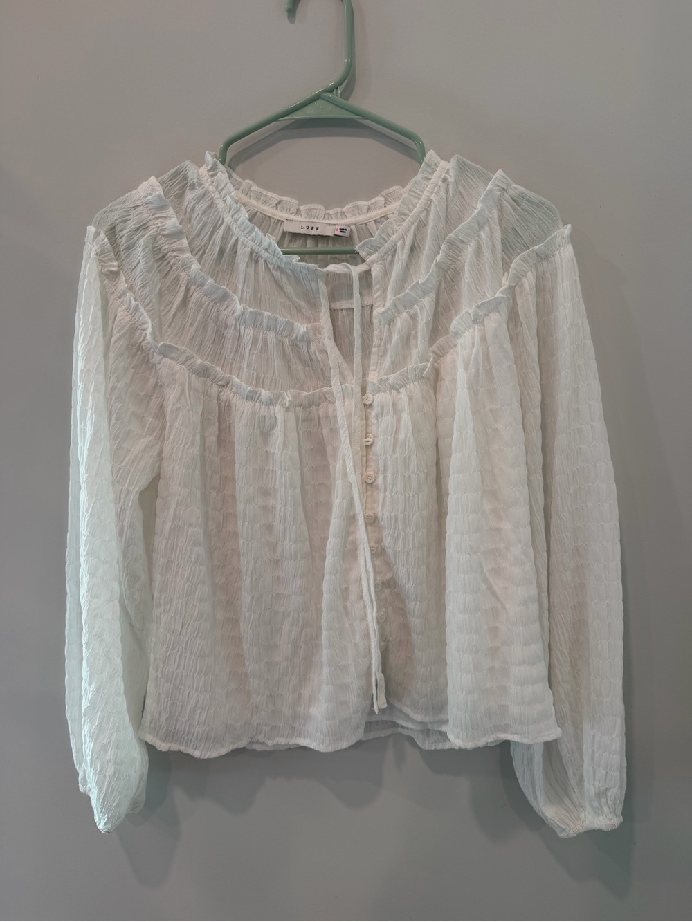 White Textured Peasant Blouse with Tie Neck